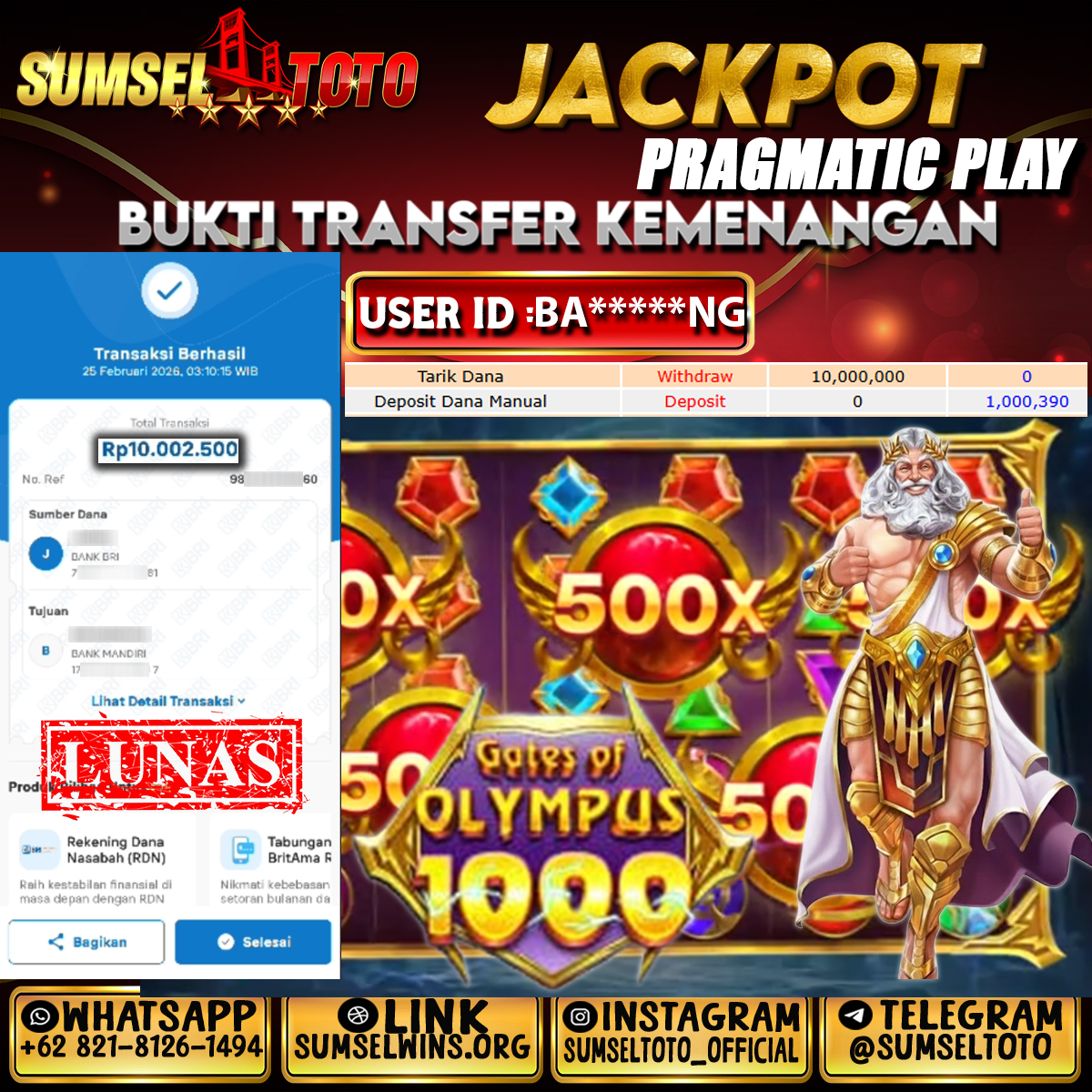 SUMSELTOTO JACKPOT GATES OF OLYMPUS 1000 Rp.10,000,000.,- LUNAS